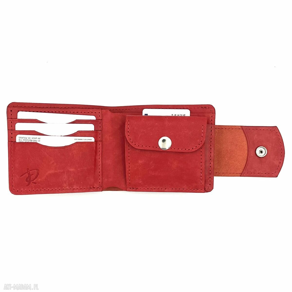 portfele: Czerwony skórzany portfel uszyty na bilon i karty. Ręcznie wykonane