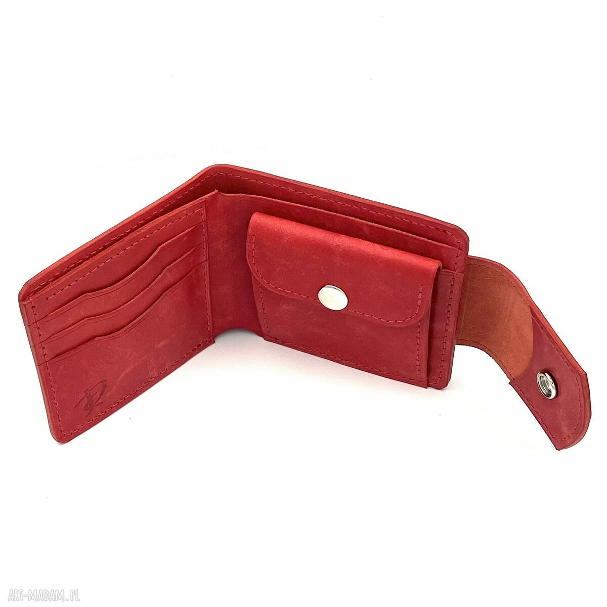 portfele: Czerwony skórzany portfel uszyty na bilon i karty. Ręcznie wykonane