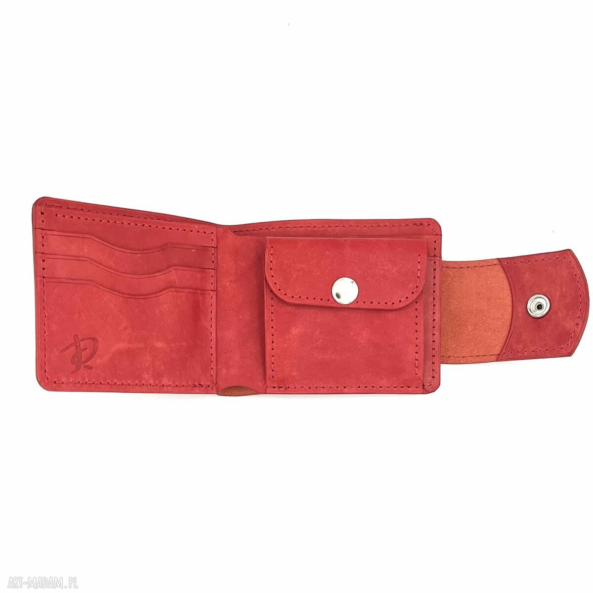 portfele: Czerwony skórzany portfel uszyty na bilon i karty. Ręcznie wykonane