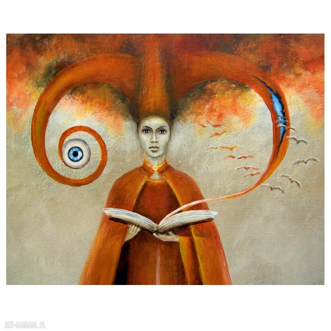 Czytanie z Księgi Wejścia - obraz surrealizm i realizm magiczny malowany akrylem na płótnie