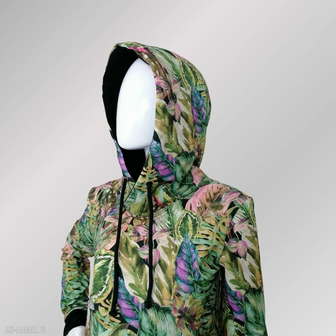 Bluza damska kangurka z kapturem - egzotyczne liście (rękodzieło)