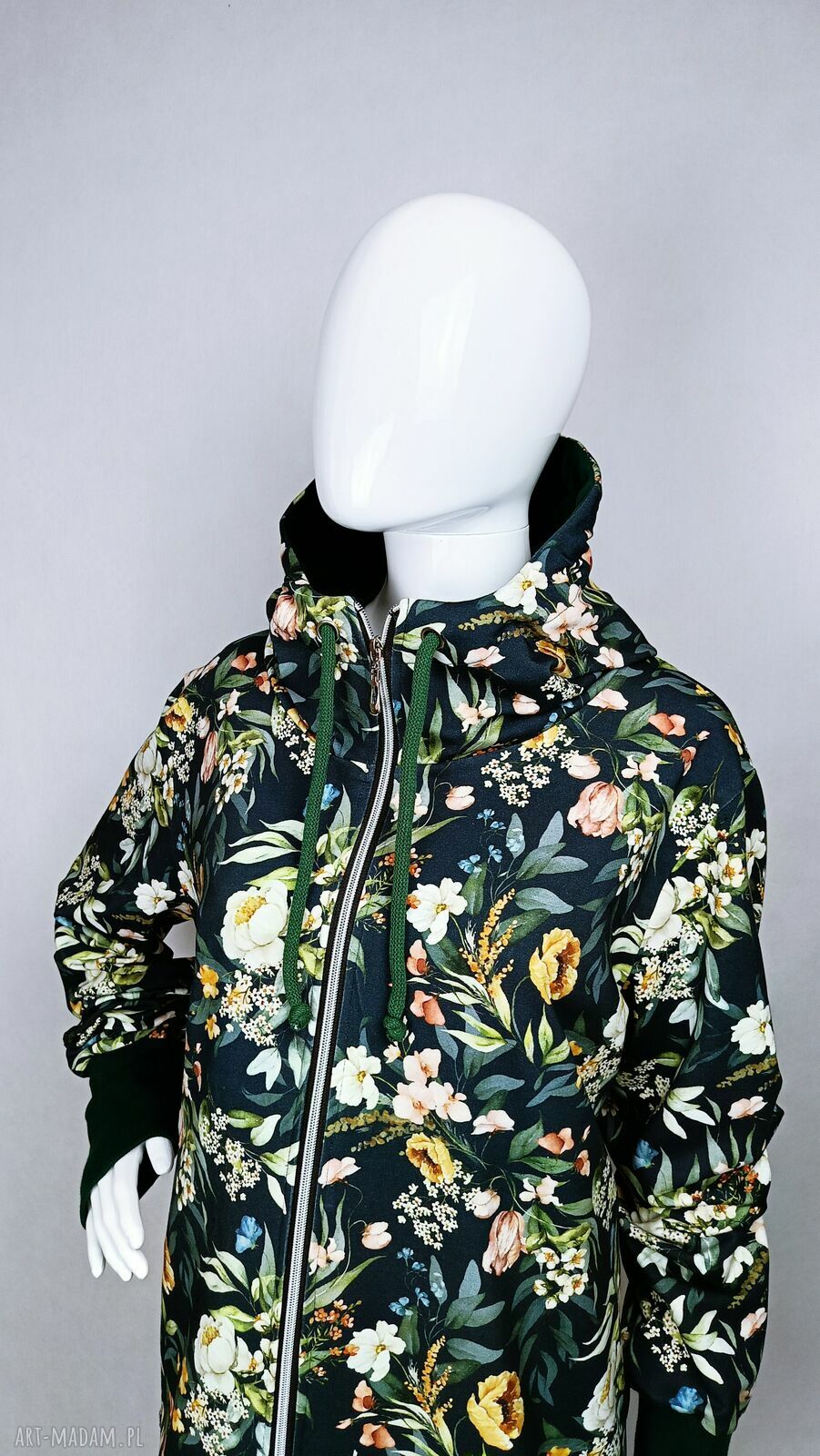 Bluza damska z kapturem rozpinana na zamek - VINTAGE w butelkowej zieleni
