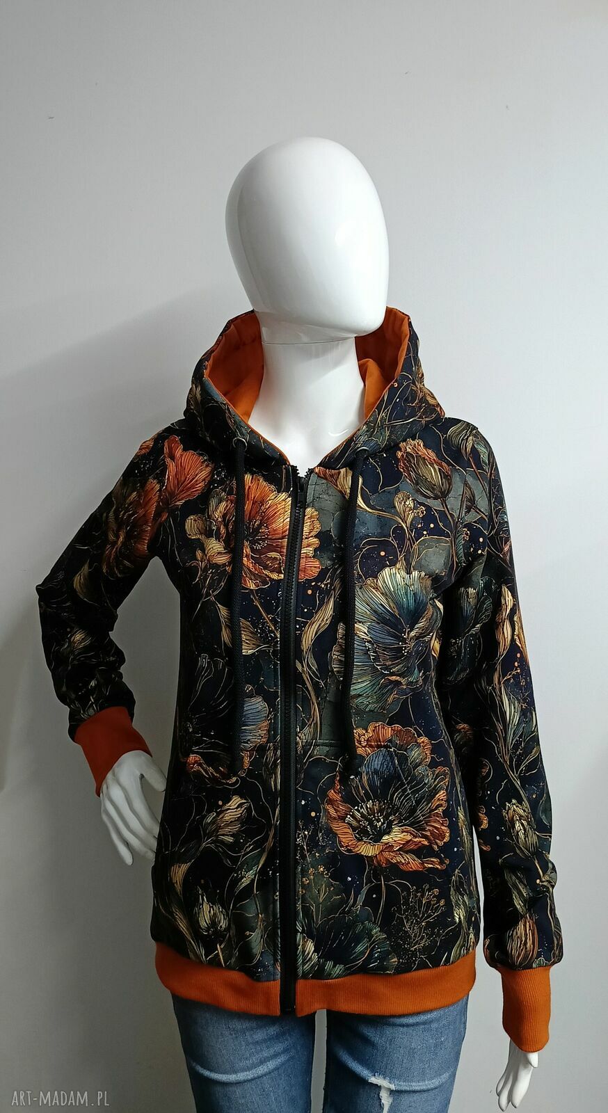 Bluza damska na zamek z kapturem Nocna Piwonia