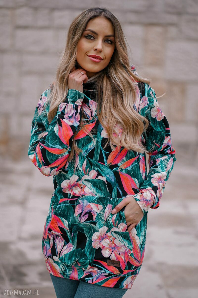 bluzy: damska bluza tunika z dużym kapturem, akwarelowy print, kwiaty i liście