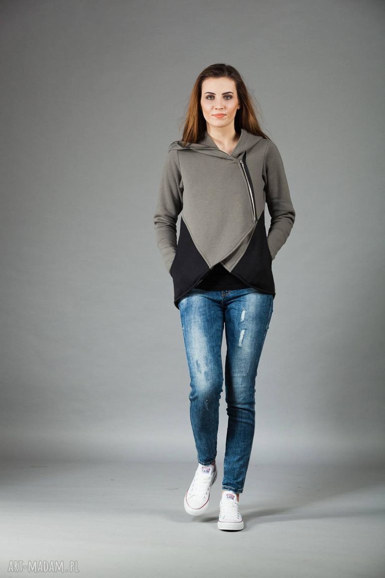 Bluza damska asymetryczna Basa - na zamek z kapturem i kieszeniami