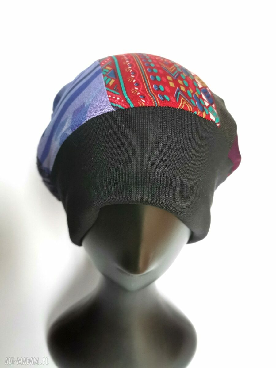 Czapka damska patchworkowa „Smerfetka” folk boho etno - na podszewce, rozmiar uniwersalny