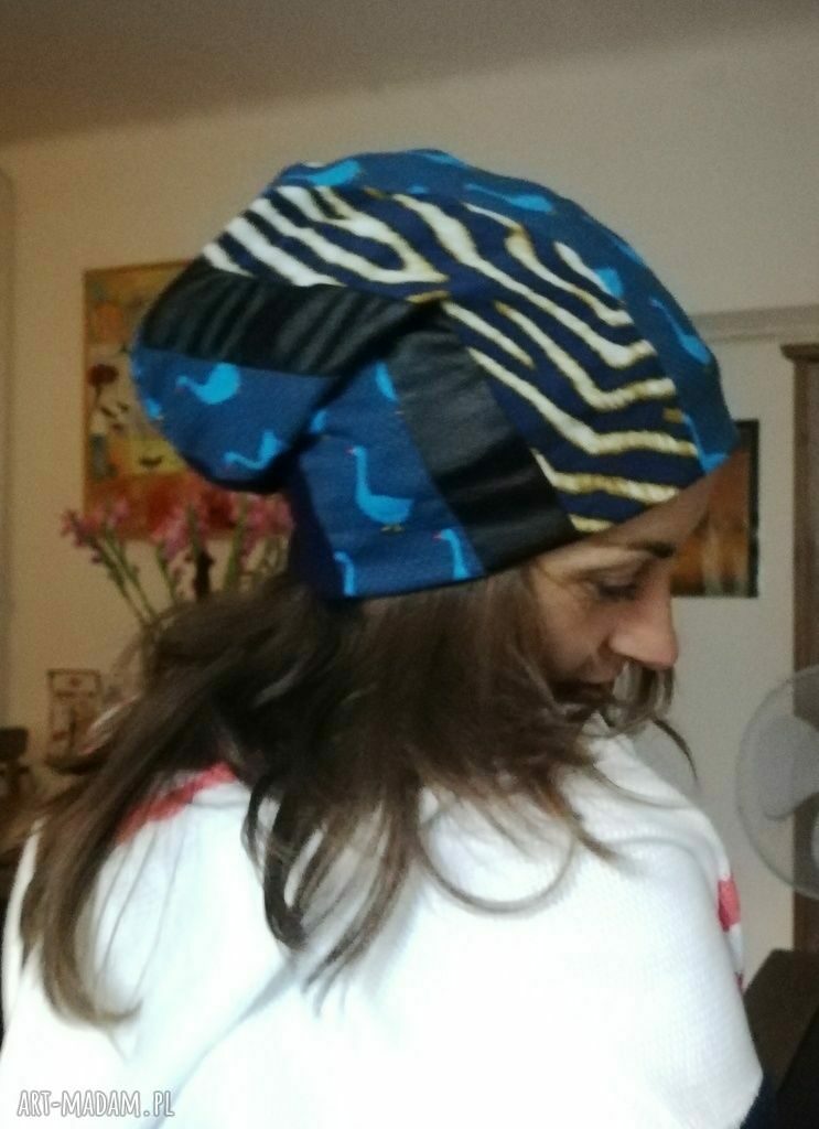 Czapka damska boho folk w granacie - handmade na podszewce (rozmiar uniwersalny)