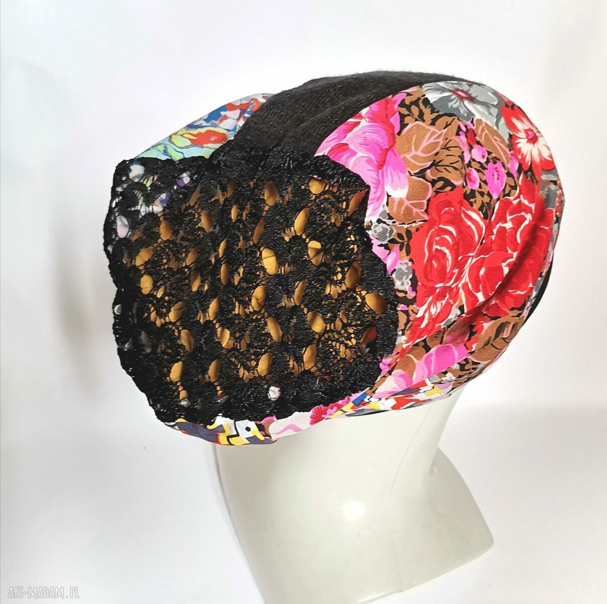 Czapka damska boho z patchworku i koronki - etno folk, rozmiar uniwersalny