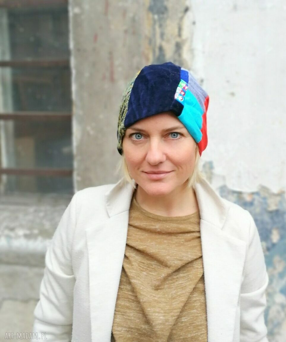 Czapka damska patchworkowa etno boho folk na podszewce - rozmiar uniwersalny