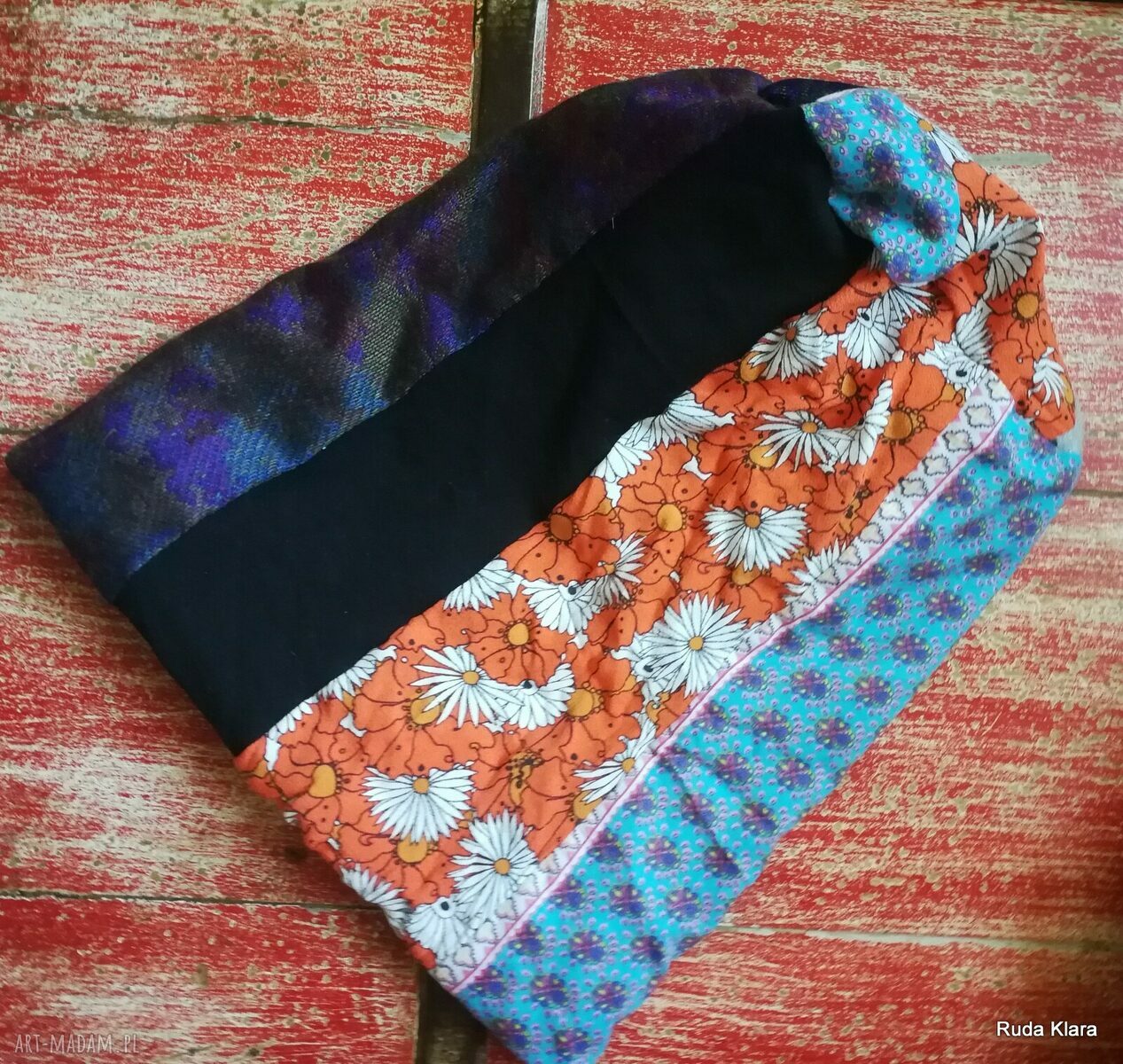 Czapka damska etno-boho Smerfetka - patchwork na podszewce, rozmiar 59-61 cm