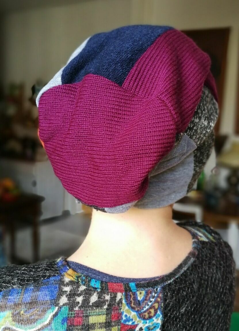 Czapka damska etno boho w grochy, patchwork na podszewce - rozmiar uniwersalny