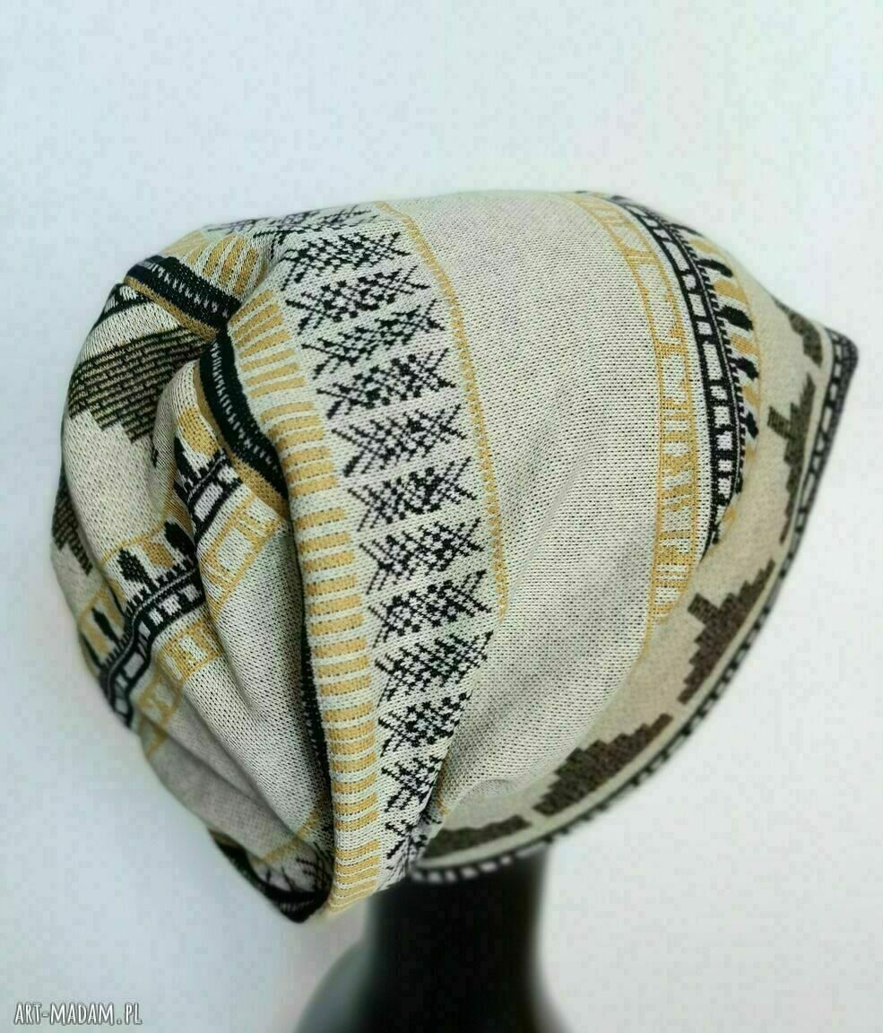 Kolorowa czapka damska etno boho - one size, ręcznie farbowana na podszewce