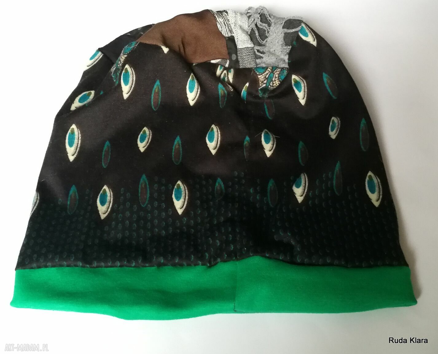 Kolorowa czapka damska patchworkowa na podszewce - wiosenna, handmade (rozmiar uniwersalny)