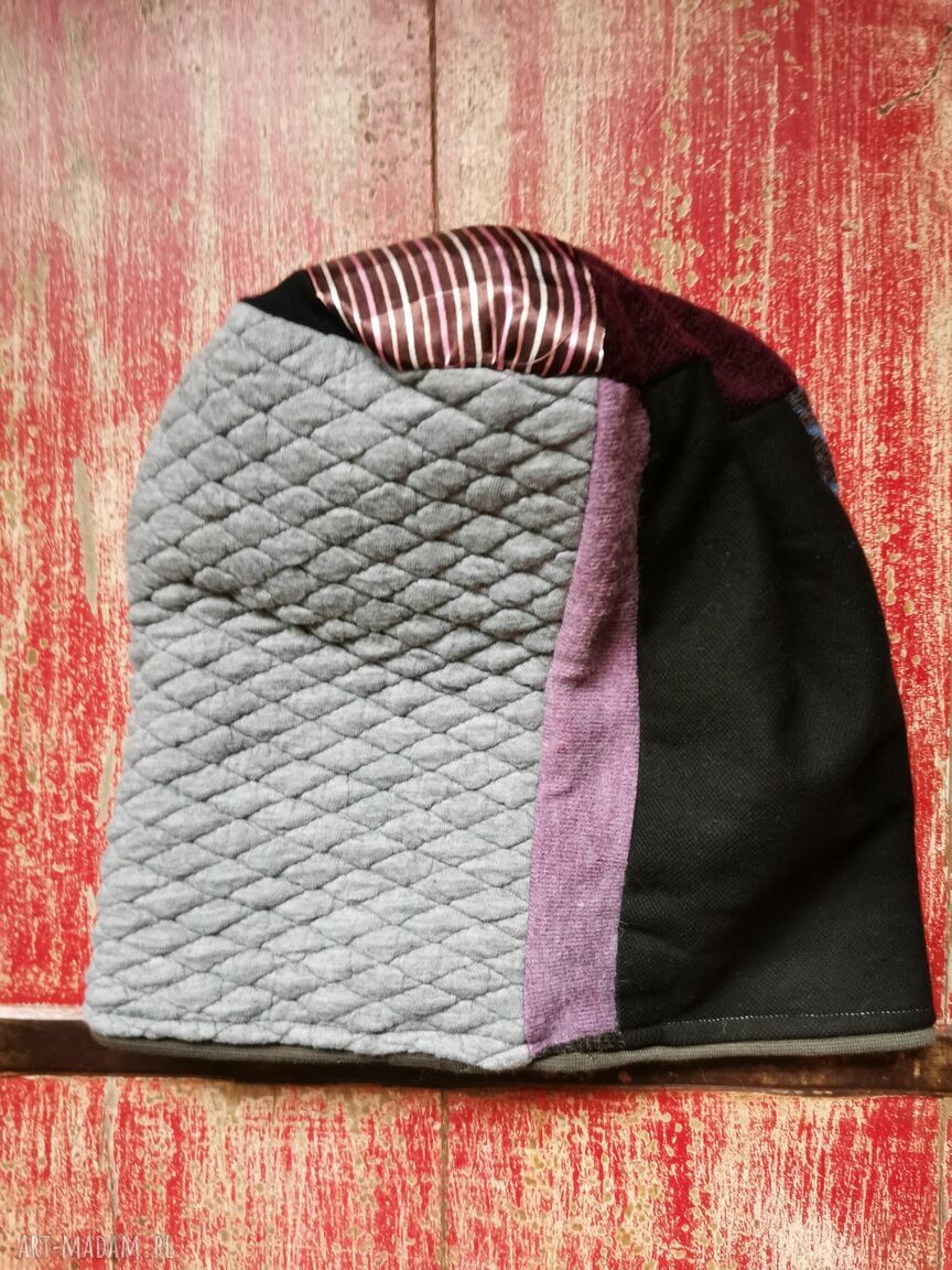 Czapka damska patchworkowa na podszewce - boho, miękka i lekko rozciągliwa