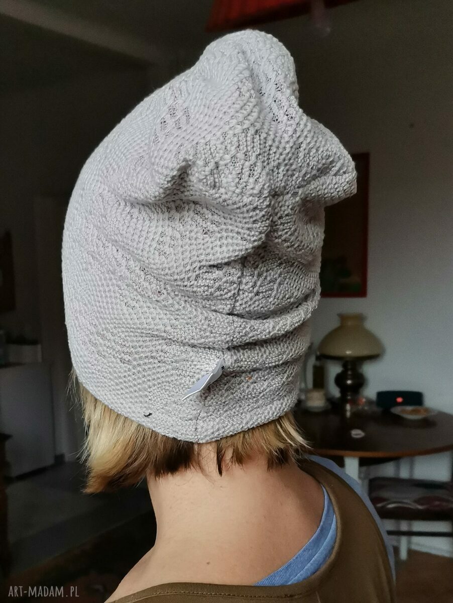 Szara czapka damska boho folk - miękka, ażurowa na podszewce (58-59 cm)