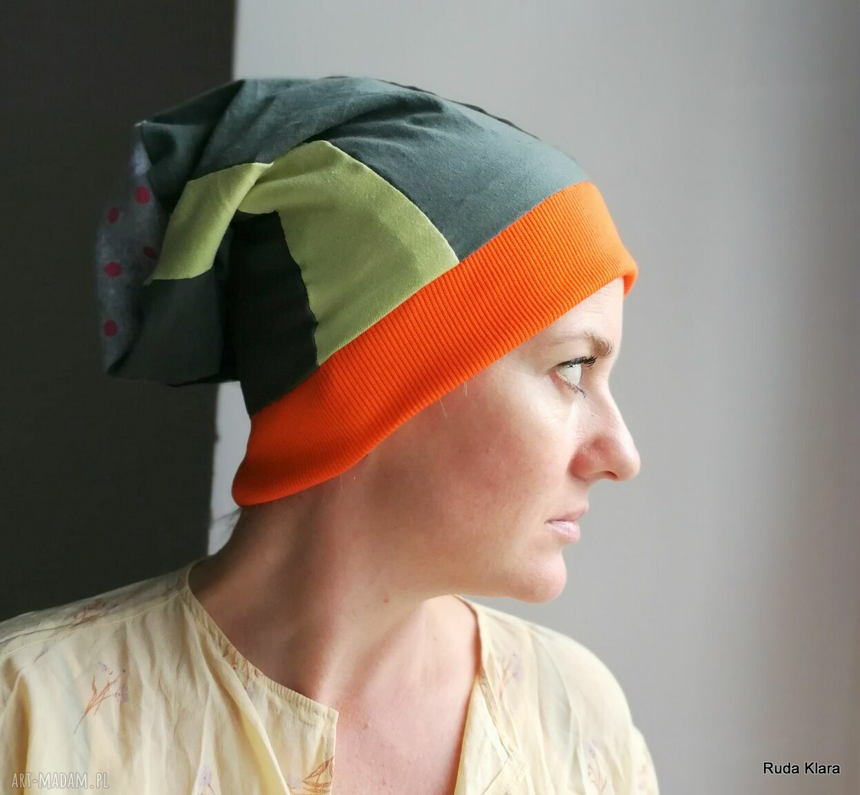 Ręcznie szyta czapka damska etno-boho - patchwork na podszewce, rozmiar uniwersalny
