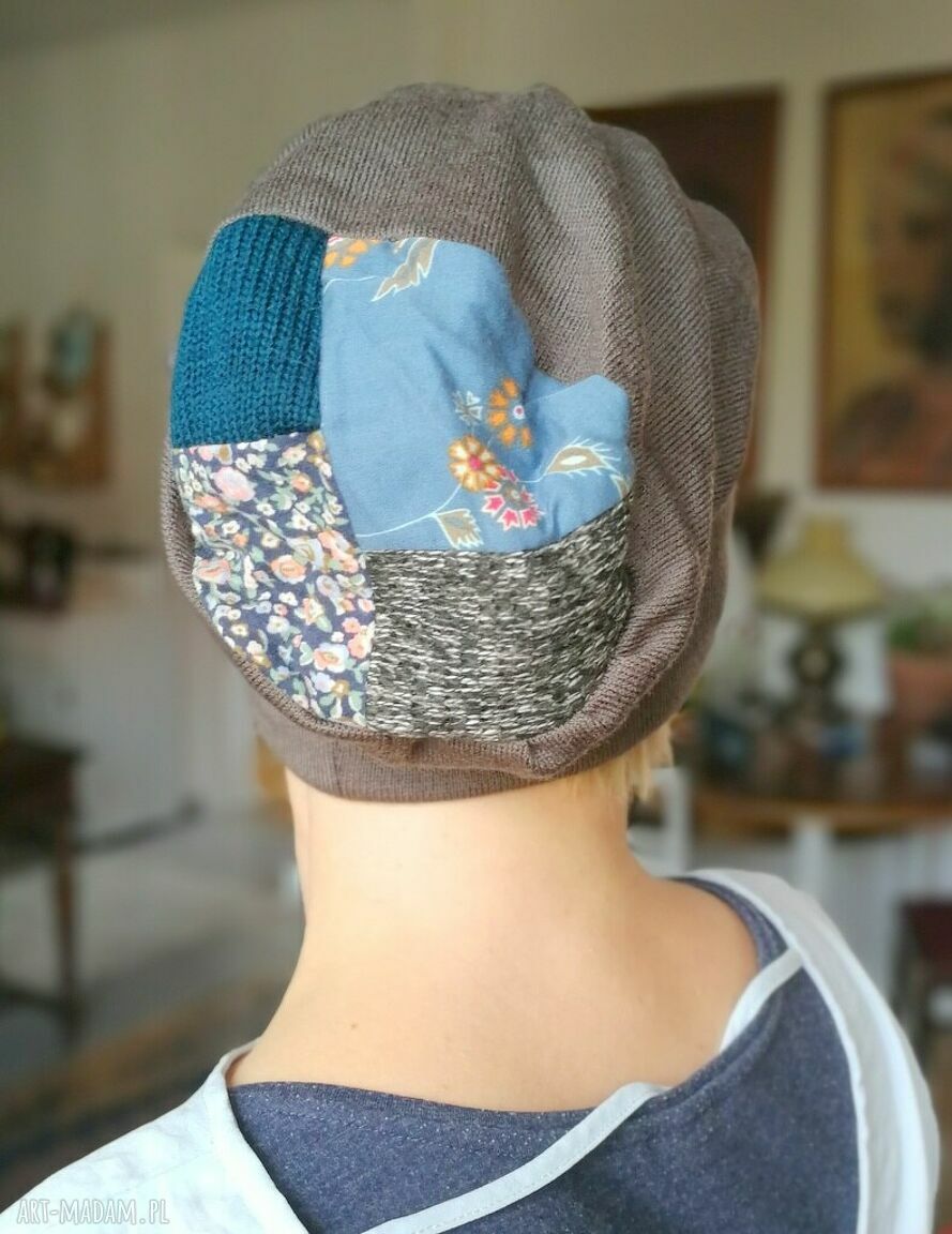 Czapka damska szara etno boho - ciepła i wygodna na podszewce