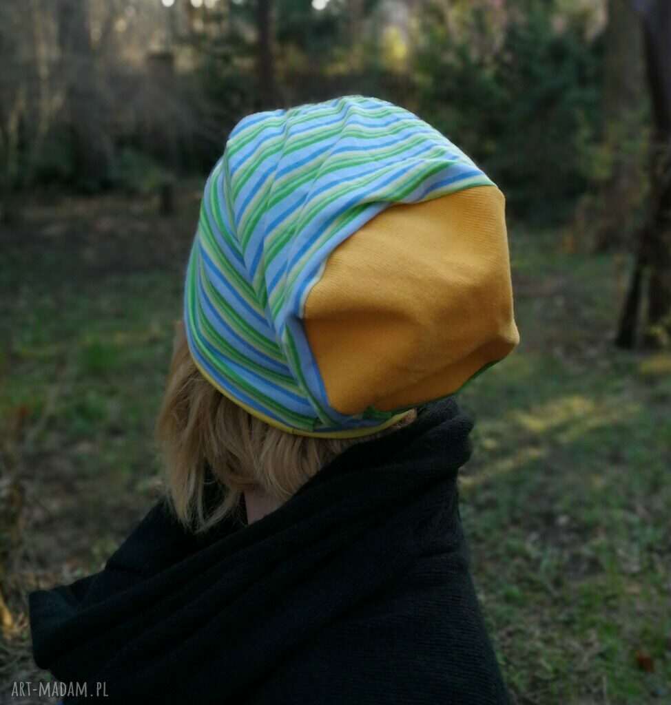 Czapka damska boho etno z bawełny w paski na podszewce - ręcznie robiona