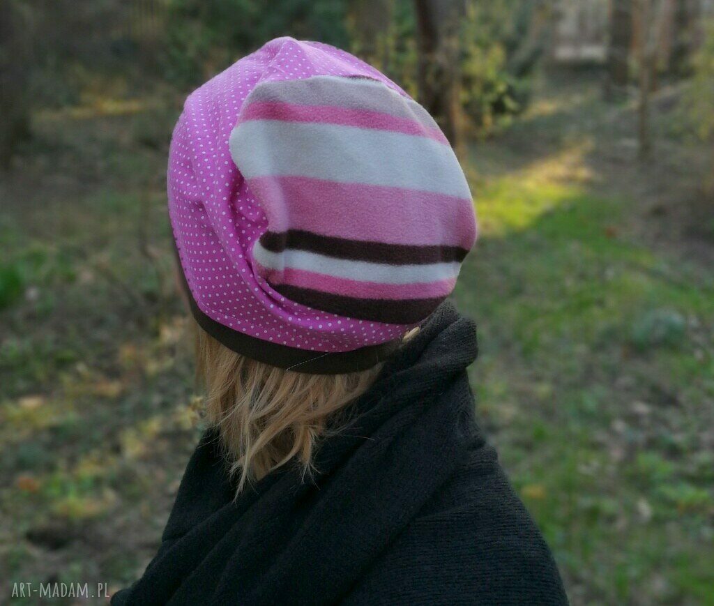 Czapka damska sportowa w kropki, groszki i paski - różowa handmade