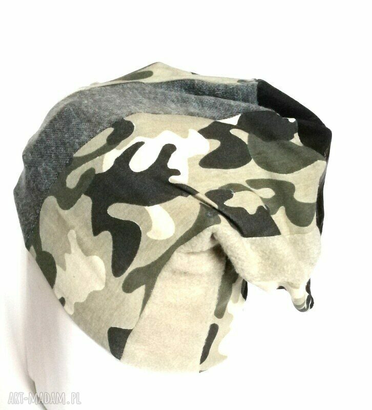 Ciepła czapka wojskowa patchwork z dzianiny na podszewce - unisex, 59-60 cm