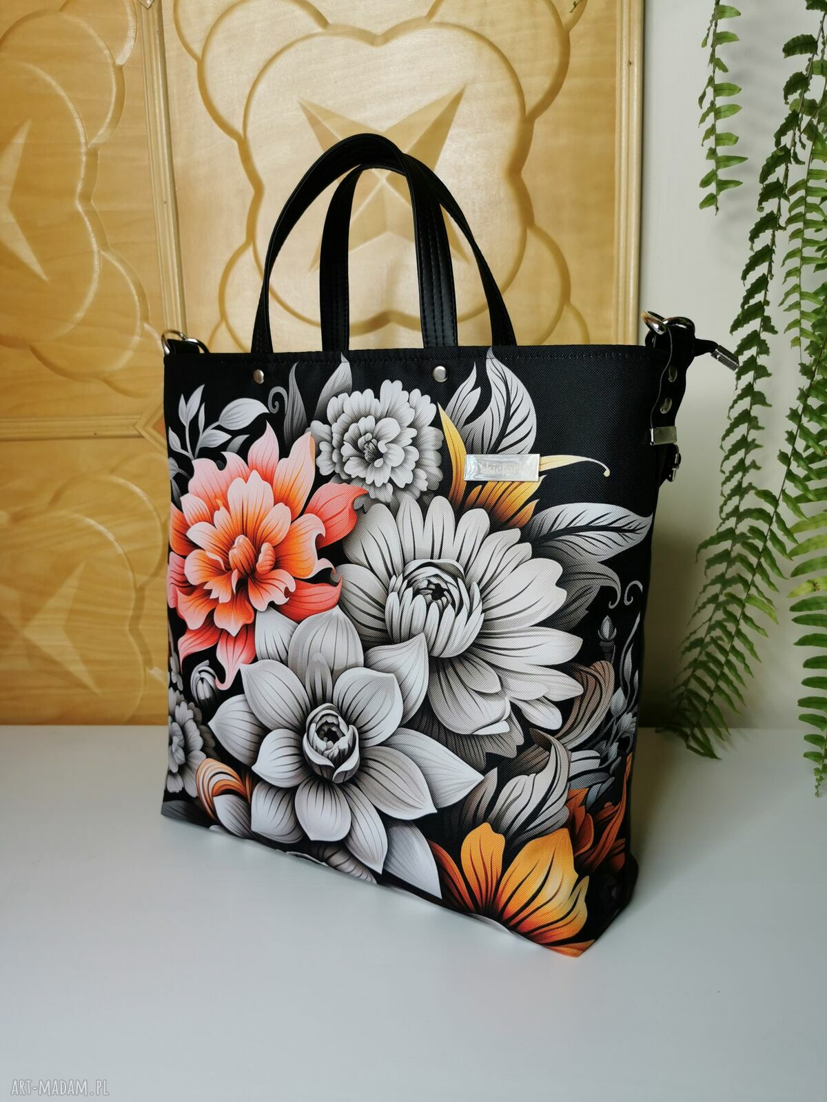 Torebka damska shopper bag na ramię z kosmetyczką - bukiet kwiatów