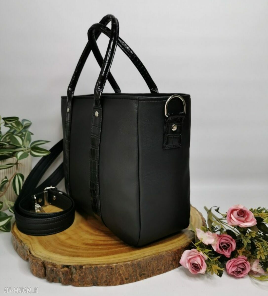Torebka Sara - czarna ekoskóra, shopper na ramię (A4)