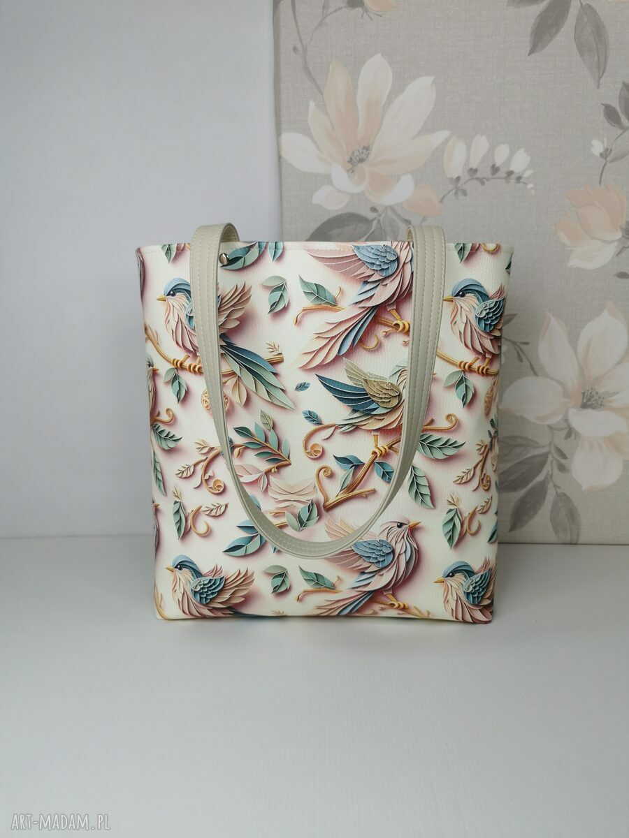Torebka damska shopper bag na ramię zamykana - ekoskóra ptaki origami (A4)