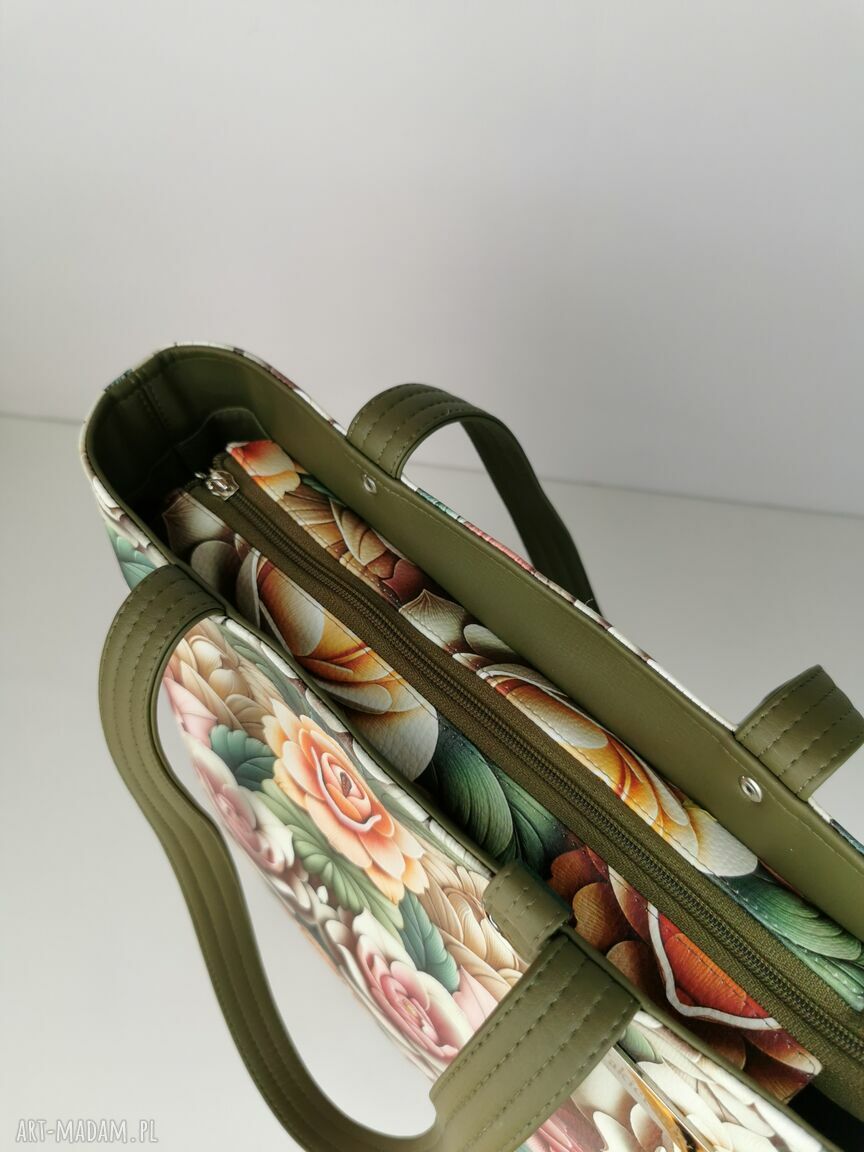 Torebka damska shopper na ramię zamykana - ekoskóra z kwiatami 3D