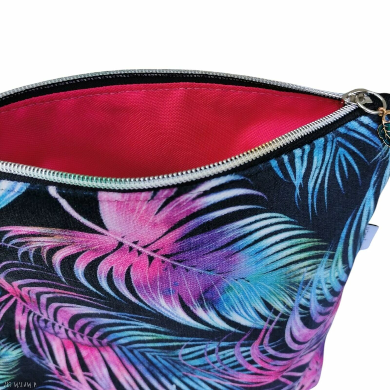 Duża welurowa kosmetyczka w pióra - etui organizer do torebki