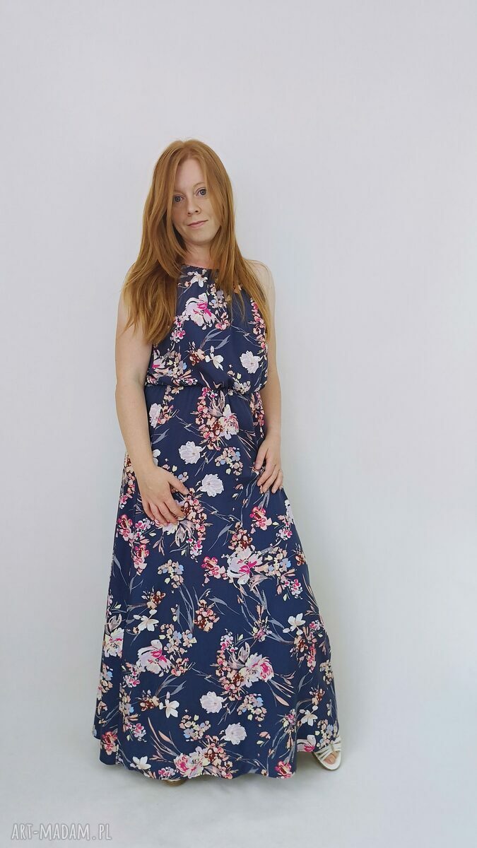 Sukienka letnia Summer w kwiaty granatowa maxi z wiskozy 100%
