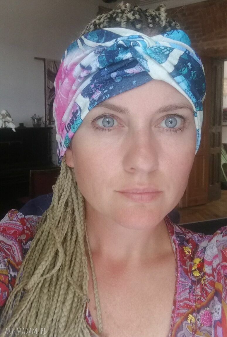 Szeroka opaska turbanowa boho - etno folk z miękkiej dzianiny (15 cm, rozmiar uniwersalny)