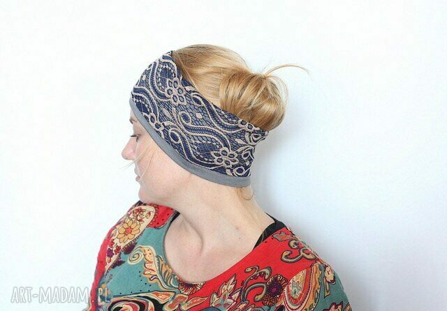 Wiosenna opaska koronkowa handmade w odcieniach granatu i szarości