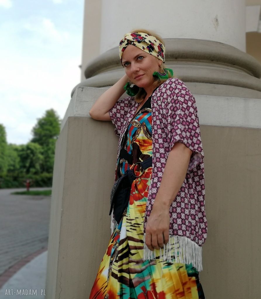 Opaska turbanowa damska folkowa w kwiaty - bawełniana z gumką
