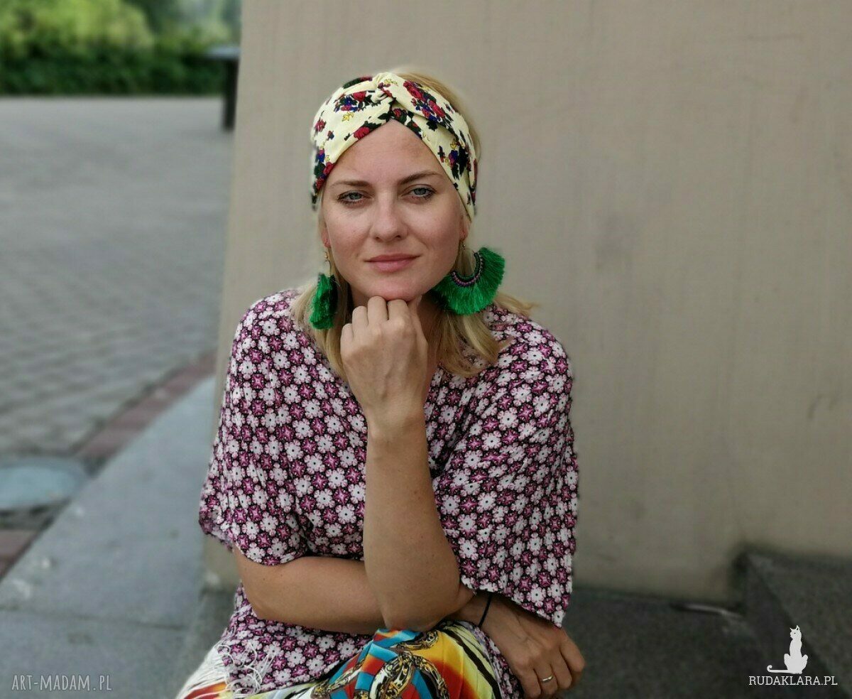 Opaska turbanowa folkowa w kwiaty - rozmiar 60-61 cm z gumką