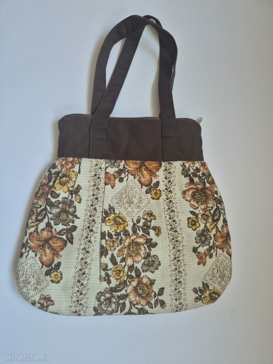 Ręcznie robiona torba damska na ramię 38x40 w kwiaty folk retro - zamek i 2 kieszonki
