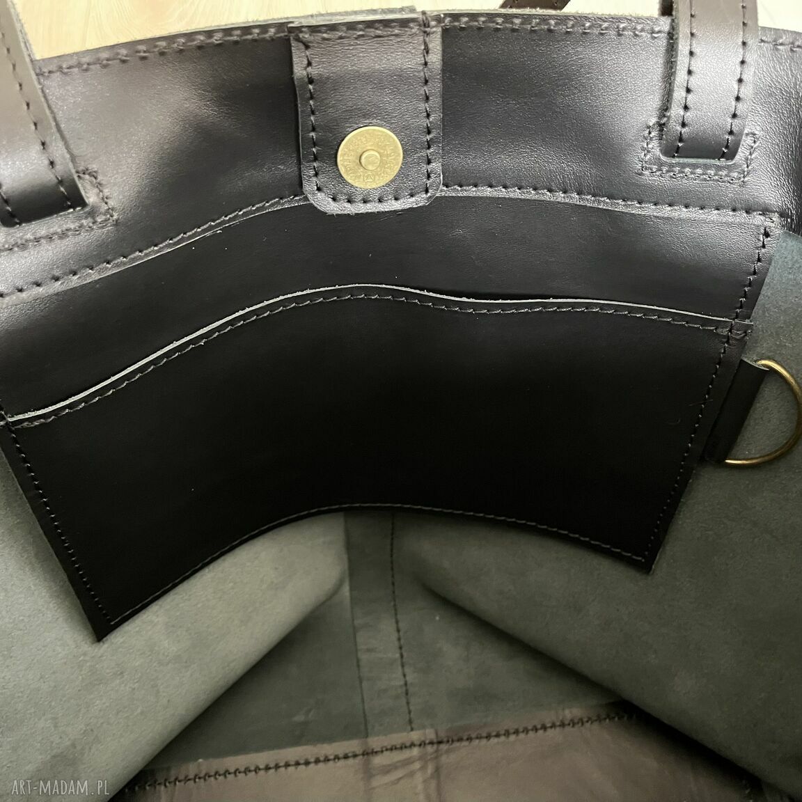 na ramię: Czarna torba Shopperka na ramię ze skóry. handmade