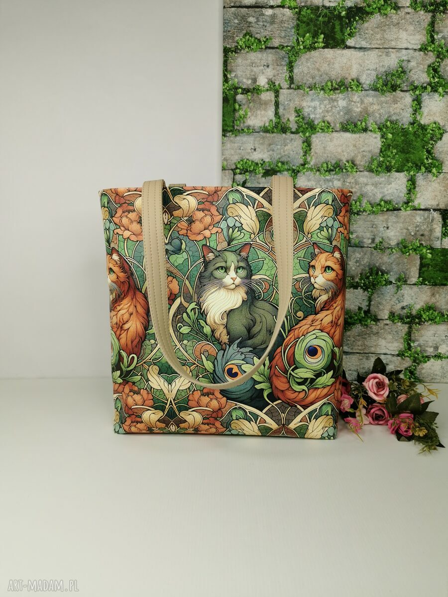 Torebka damska shopper bag na ramię w koty - ekoskóra kaletnicza, zamykana na zamek (A4)