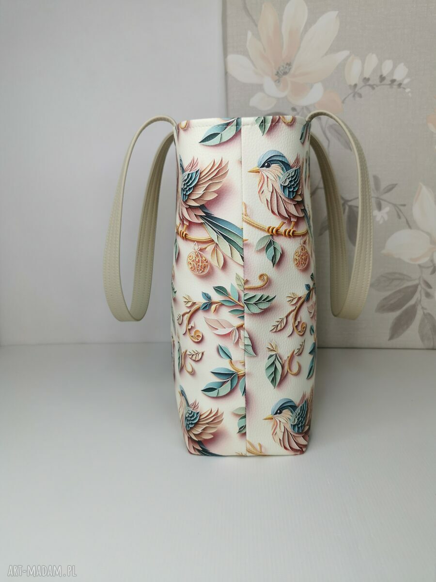 Torebka damska shopper bag na ramię zamykana - ekoskóra ptaki origami (A4)