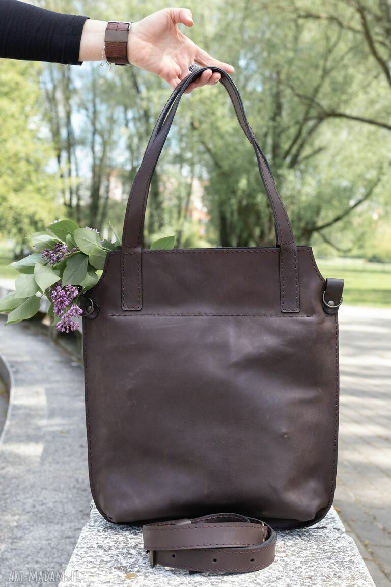 Brązowa skórzana torebka damska handmade - torba A4 do pracy