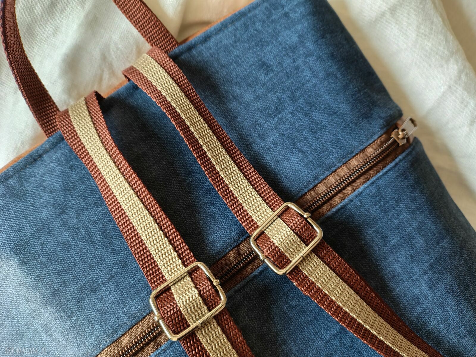 Damski plecak handmade do pracy i na uczelnię - niebiesko-brązowy