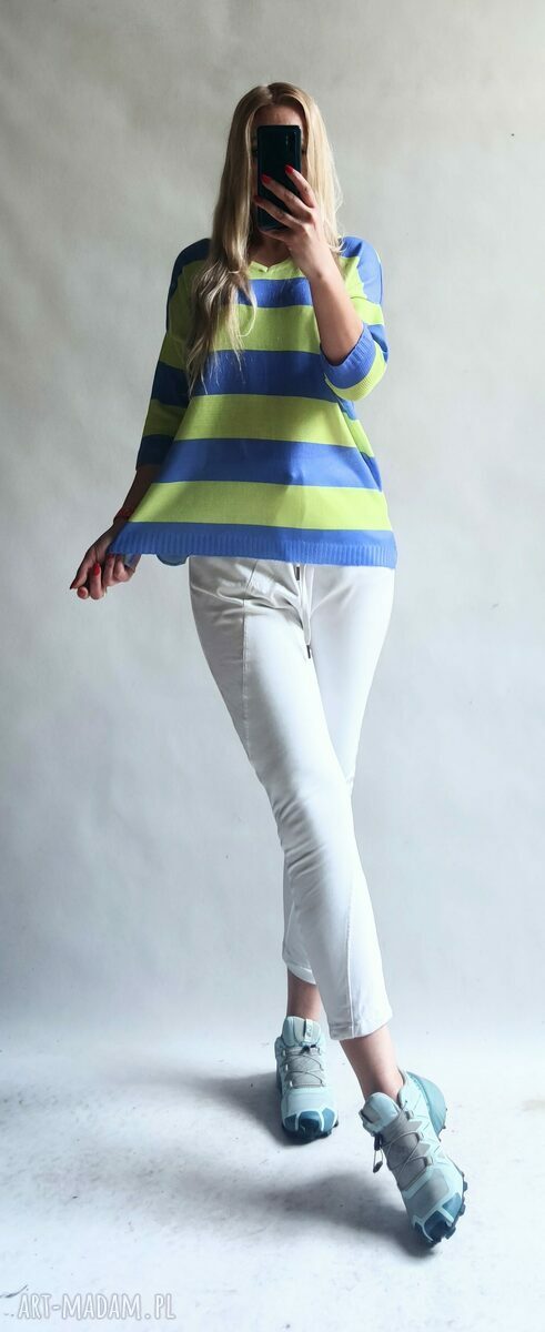Sweter damski oversize w paski Veriperi - letni kardigan handmade