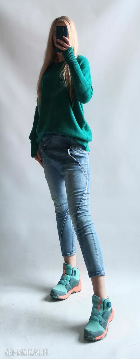Sweter damski oversize w ciemnym turkusie - elegancki kardigan z dzianiny