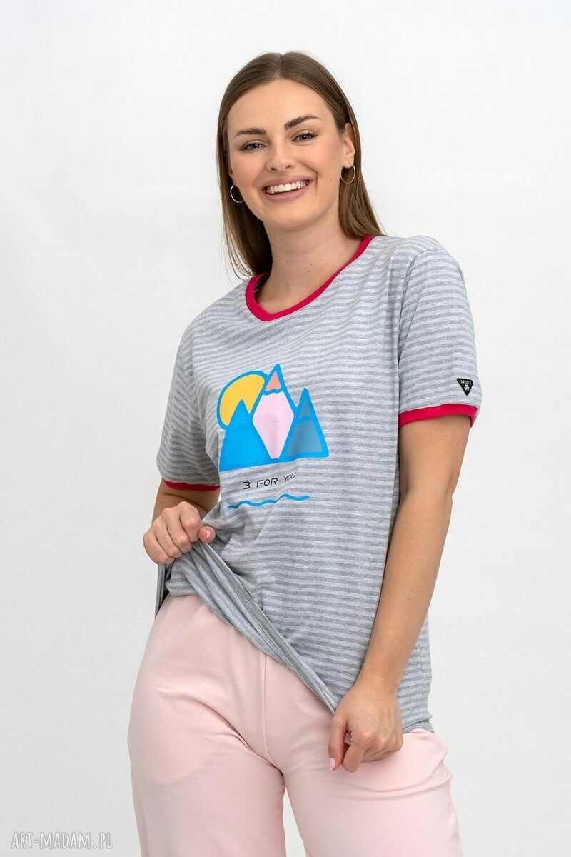 T-shirt damski w szare paski z autorskim nadrukiem