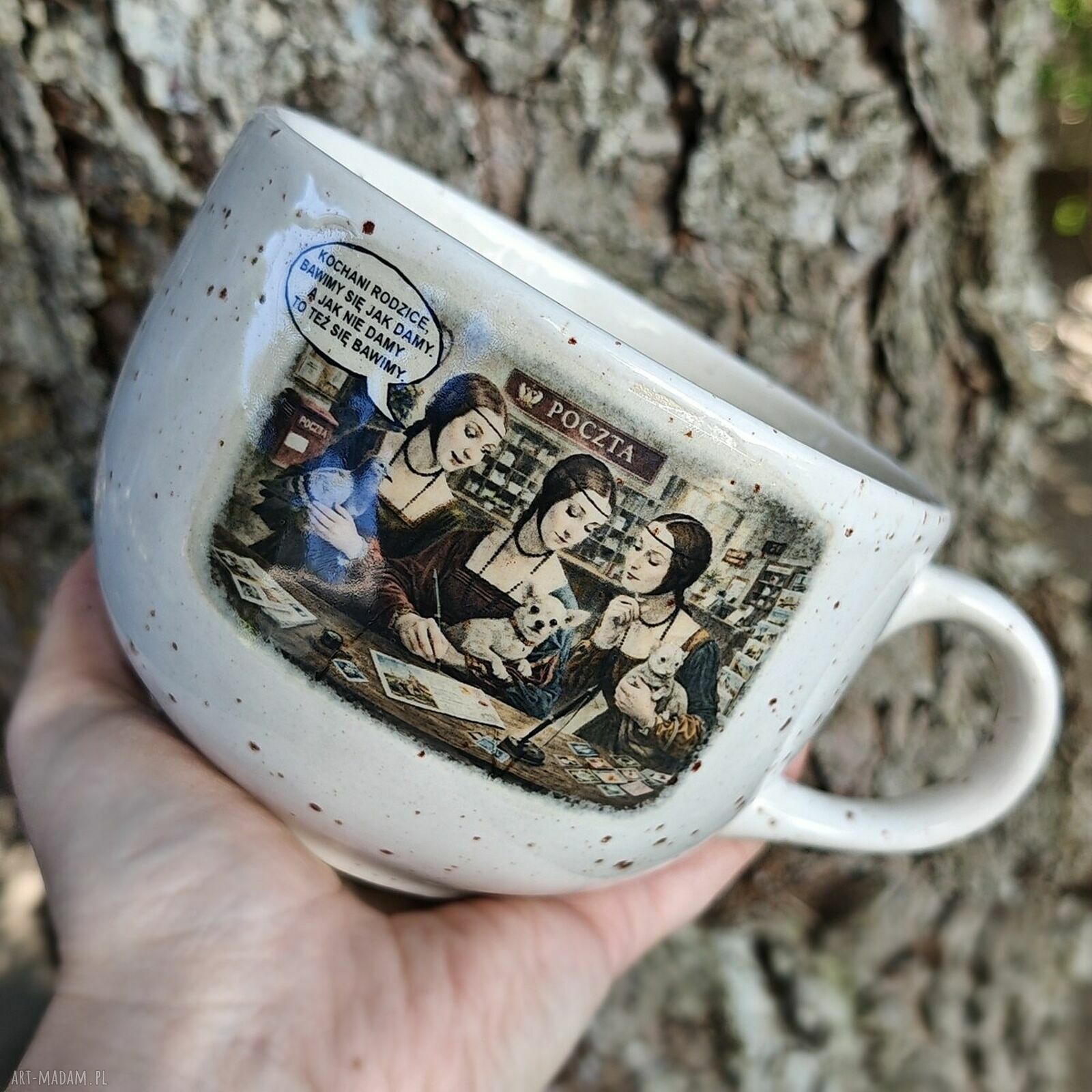 Kubek XXL 600 ml - Dama z łasiczką i gronostajem białej ceramiki handmade