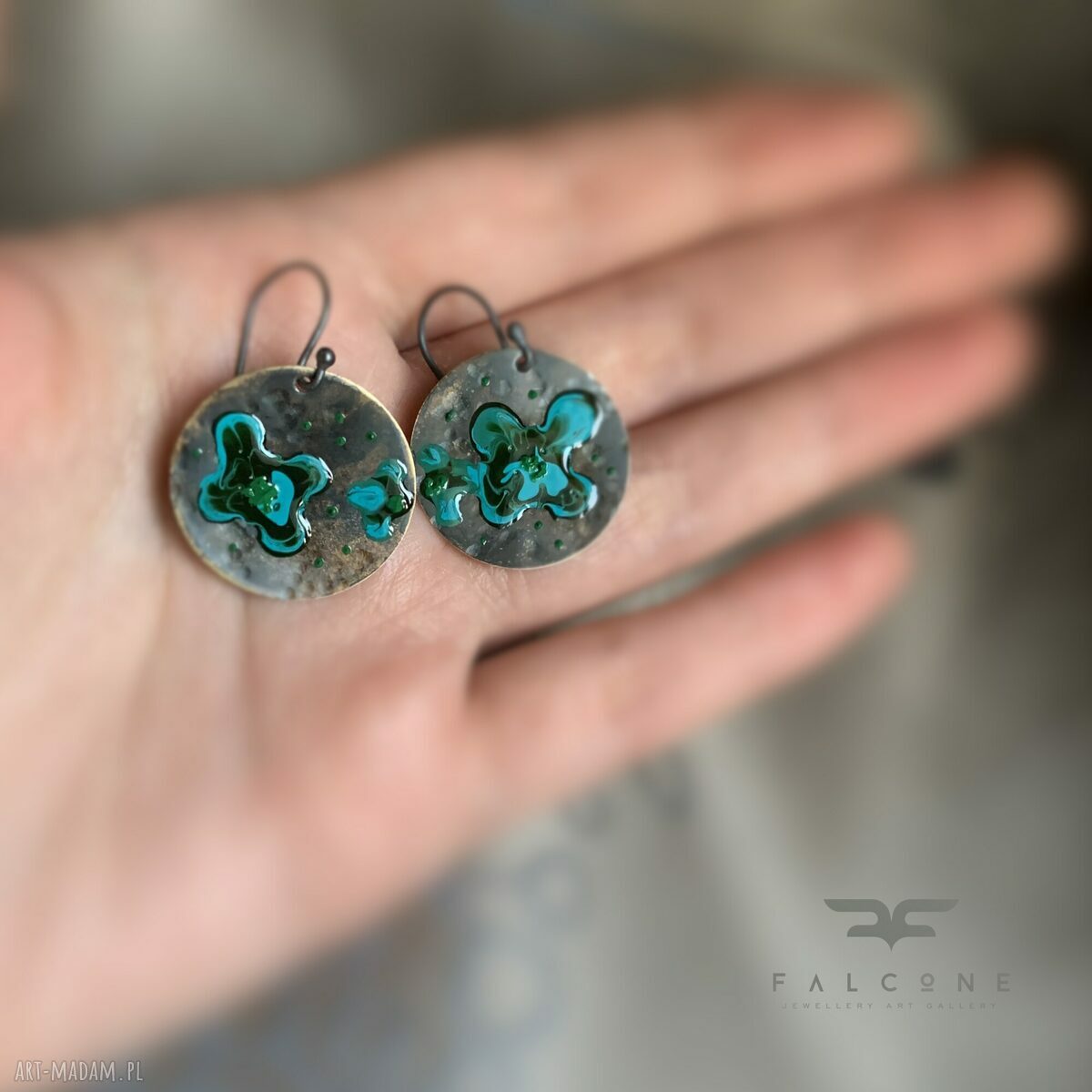 Kolczyki Dark Green Flowers - emalia w ciemnej zieleni, turkus i srebro 925