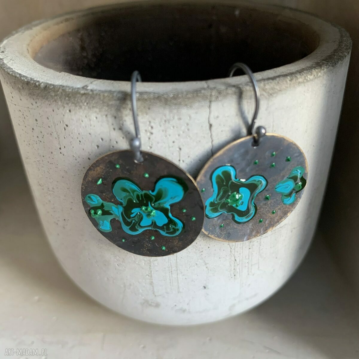 Kolczyki Dark Green Flowers - emalia w ciemnej zieleni, turkus i srebro 925