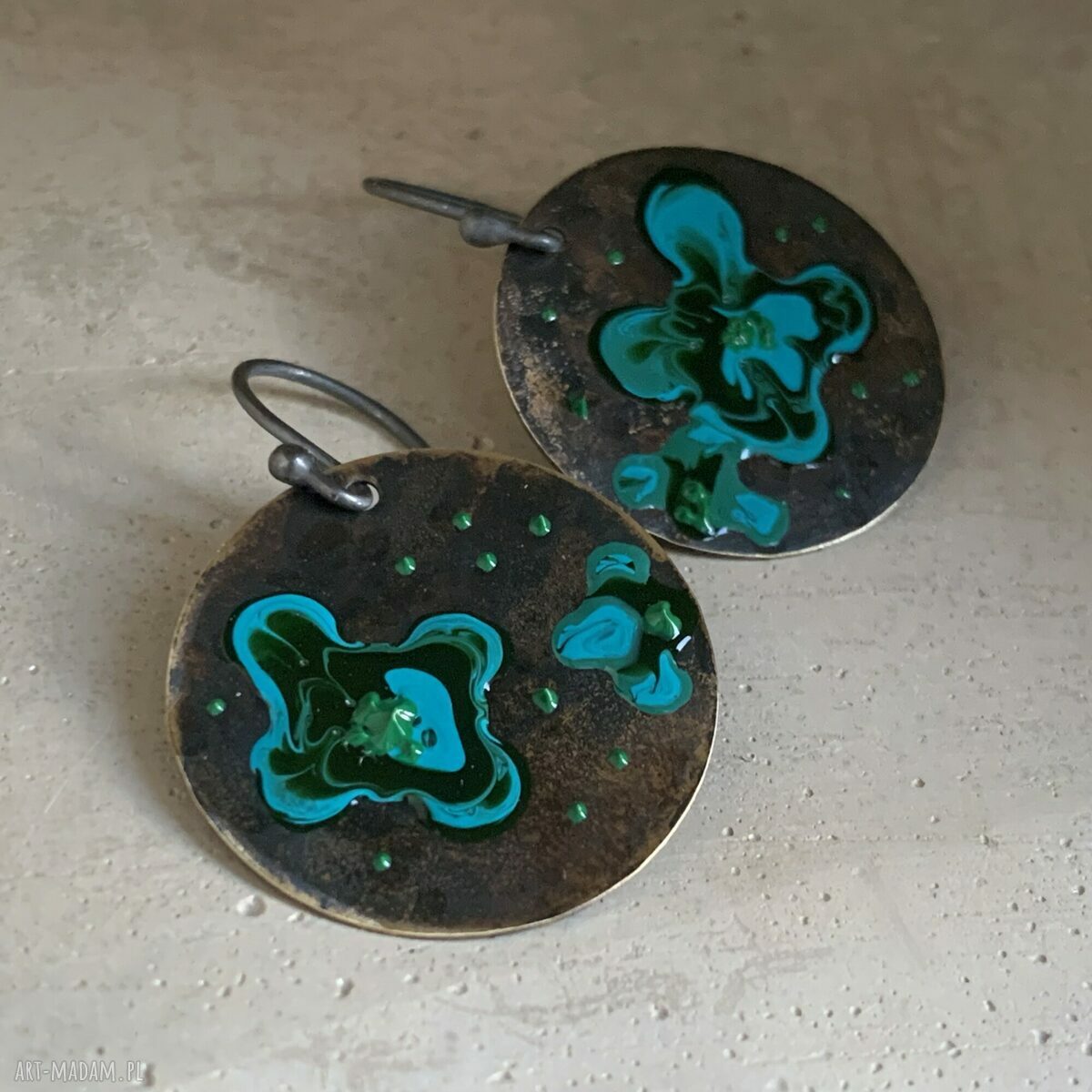 Kolczyki Dark Green Flowers - emalia w ciemnej zieleni, turkus i srebro 925