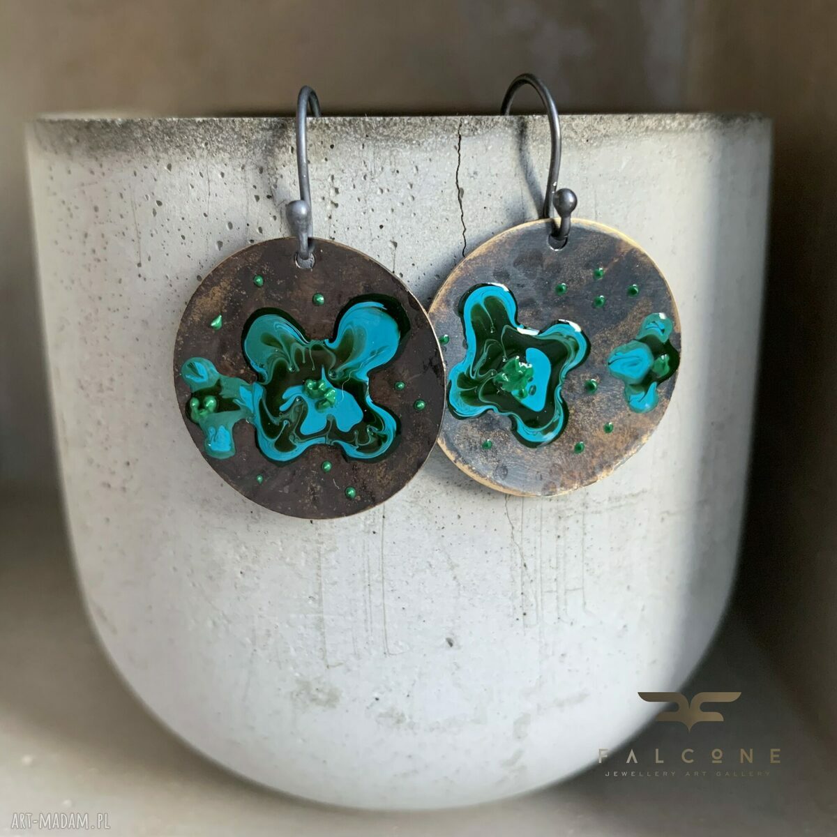 Kolczyki Dark Green Flowers - emalia w ciemnej zieleni, turkus i srebro 925