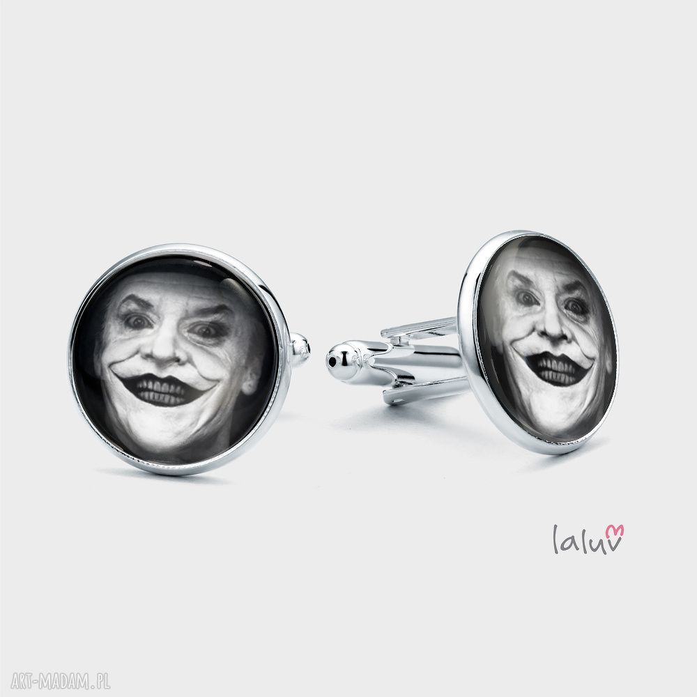 Spinki do mankietów Joker - ręcznie robione z grafiką pod szkiełkiem, srebrna baza