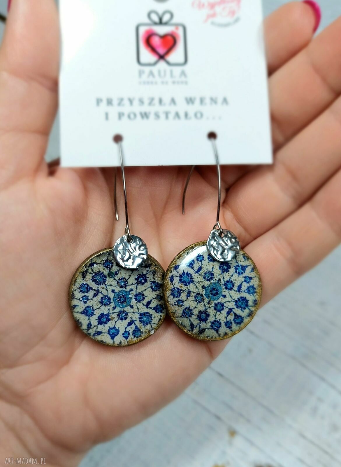 Wiszące kolczyki decoupage z żywicy na biglach rybkach - orientalny wzór